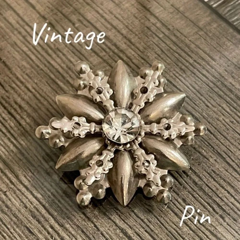 Vintage Silver-tone Starburst or Snowflake Pin with Rhinestone Center